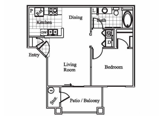 1 bedroom 1 bathroom floor plan at Silverbell Springs Apartments in Tucson, AZ